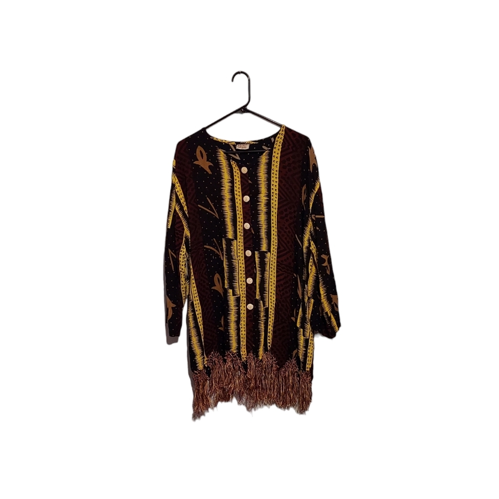 Meetu Magic Tunic Top 1X Fringe Button Down Kaftan Swim Cover Up Lagenlook Artsy